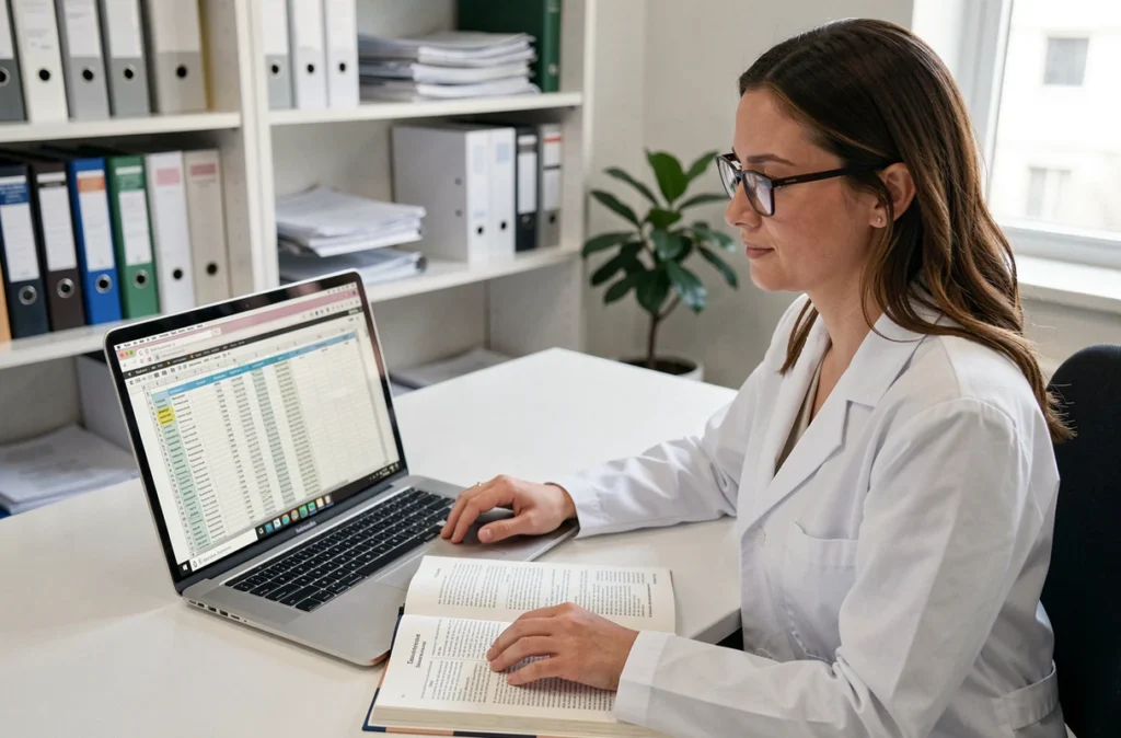 Technicienne en laboratoire consultant un tableau de conversion de pression PSI en bar sur ordinateur