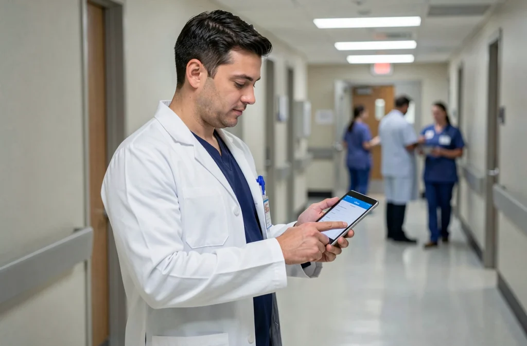 Professionnel de santé du CHU Montpellier consultant sa messagerie professionnelle sécurisée sur tablette dans un couloir hospitalier