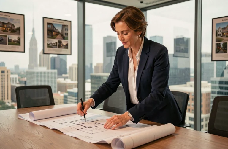 Agente immobilière professionnelle examinant des plans architecturaux dans une agence immobilière moderne avec vue sur la ville