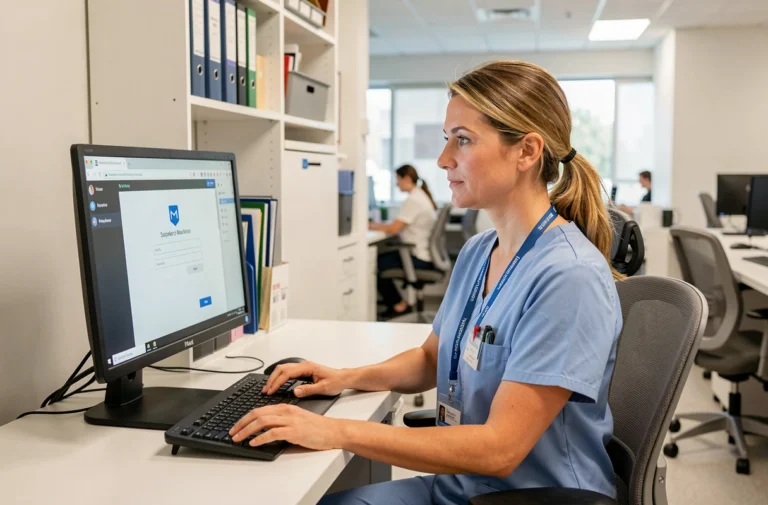 Agent hospitalier accédant à la messagerie sécurisée du CHU de Montpellier depuis son poste de travail administratif