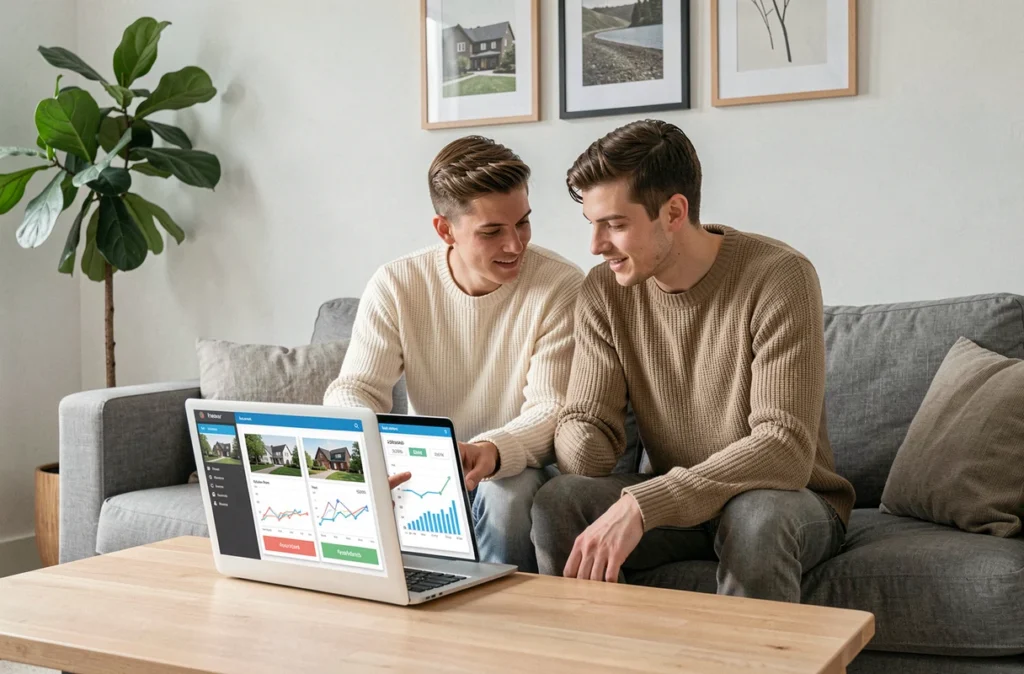 Couple de jeunes adultes consultant ensemble un outil en ligne de comparaison de budget immobilier sur un canapé dans un salon scandinave