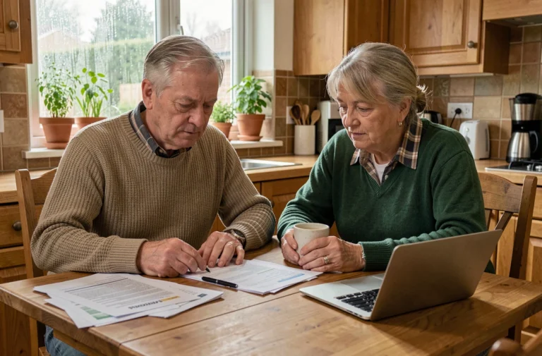 Couple de retraités consultant des documents financiers et un ordinateur portable pour préparer leur retraite à la maison