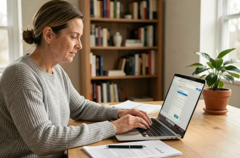 Femme en télétravail déclarant ses impôts en ligne sur un ordinateur portable dans un bureau à domicile