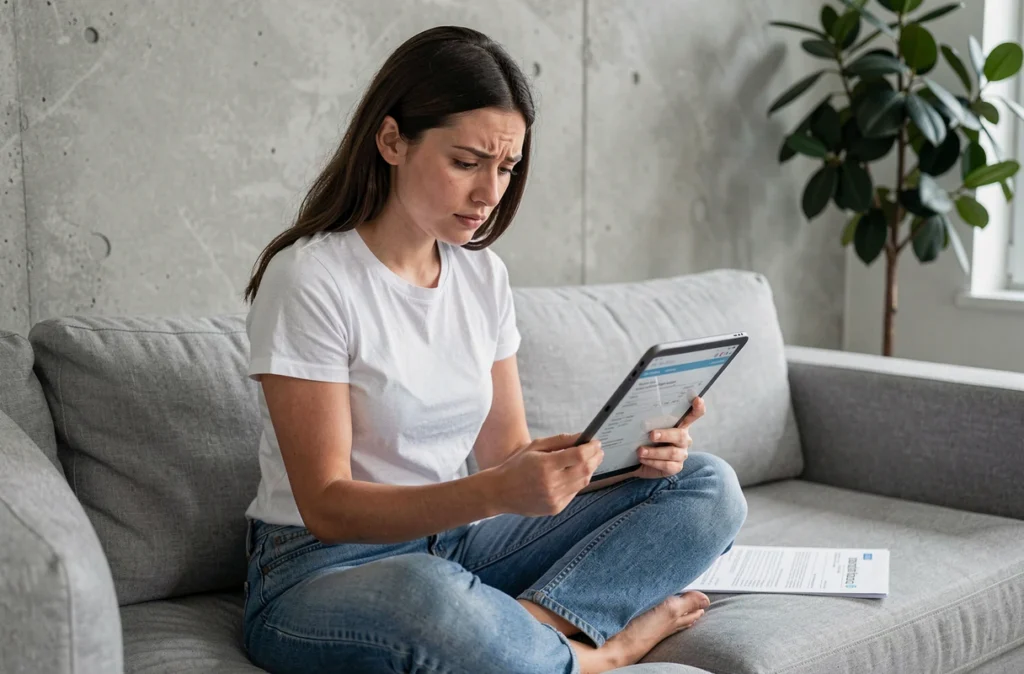 Jeune femme déclarant ses impôts sur tablette depuis son salon dans un appartement moderne
