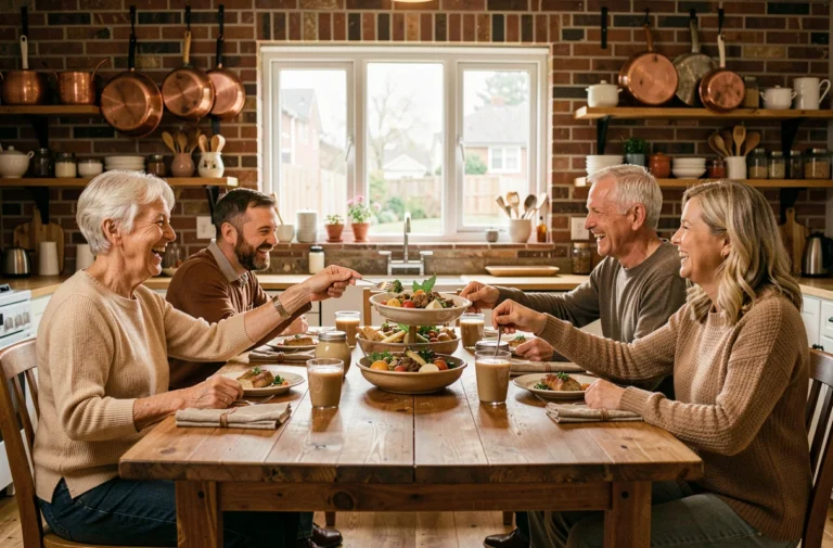 Famille multigénérationnelle partageant un repas convivial autour d'une grande table en bois dans une cuisine chaleureuse
