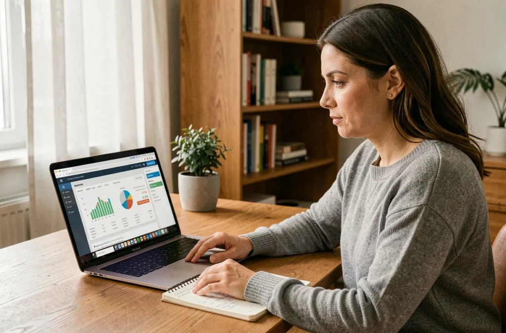 Femme consultant un outil en ligne de gestion de budget immobilier sur son ordinateur portable dans un bureau à domicile moderne