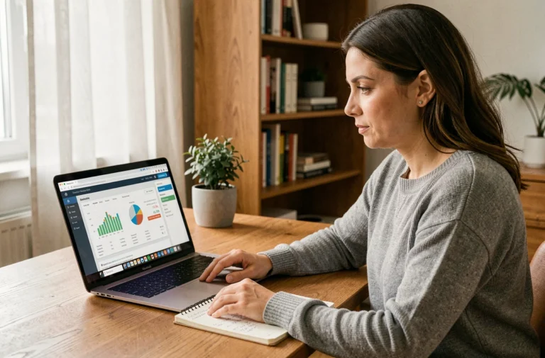 Femme consultant un outil en ligne de gestion de budget immobilier sur son ordinateur portable dans un bureau à domicile moderne