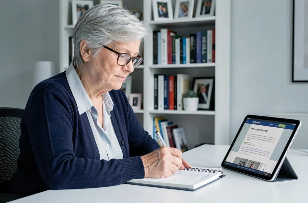 Femme âgée prenant des notes dans un agenda pour organiser sa retraite devant une tablette affichant un site de conseil financier