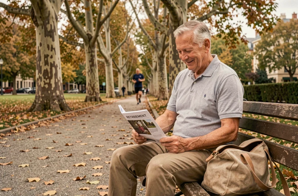 Homme retraité lisant un guide sur la retraite assis sur un banc dans un parc en automne
