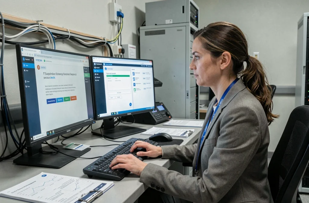 Technicienne informatique du CHU Montpellier gérant l'accès sécurisé à la messagerie institutionnelle depuis le service informatique