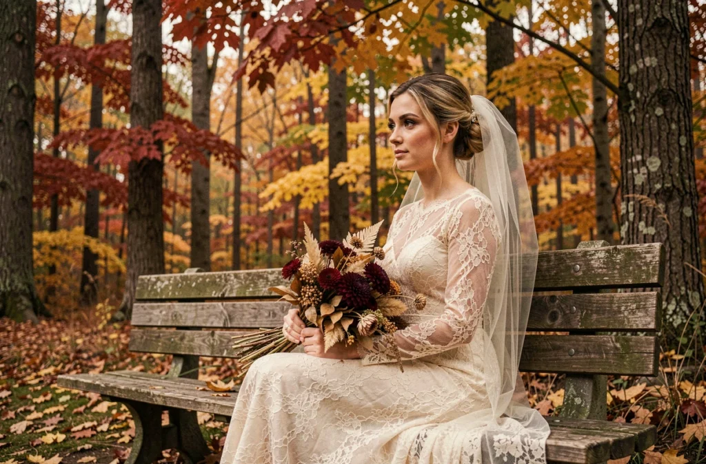 Mariée en robe de dentelle assise dans une forêt aux couleurs automnales avec un bouquet de dahlias bordeaux