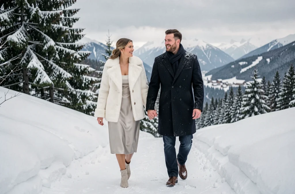 Couple de mariés marchant sur un chemin enneigé en montagne en hiver avec une forêt de sapins en arrière-plan