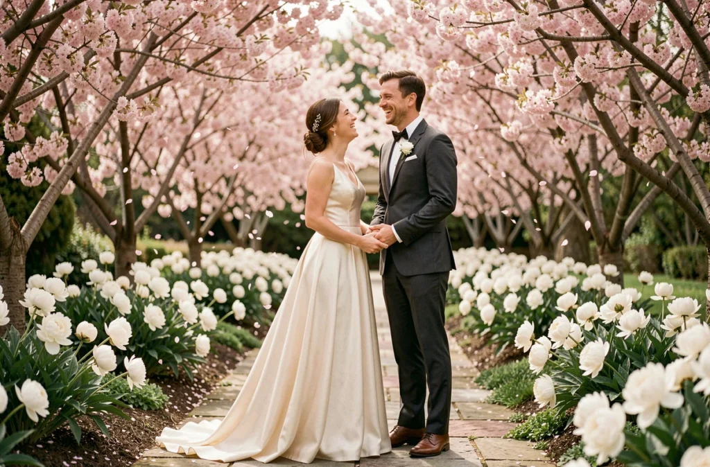 Couple de mariés souriants dans un jardin fleuri au printemps avec des cerisiers en fleurs et des pivoines blanches