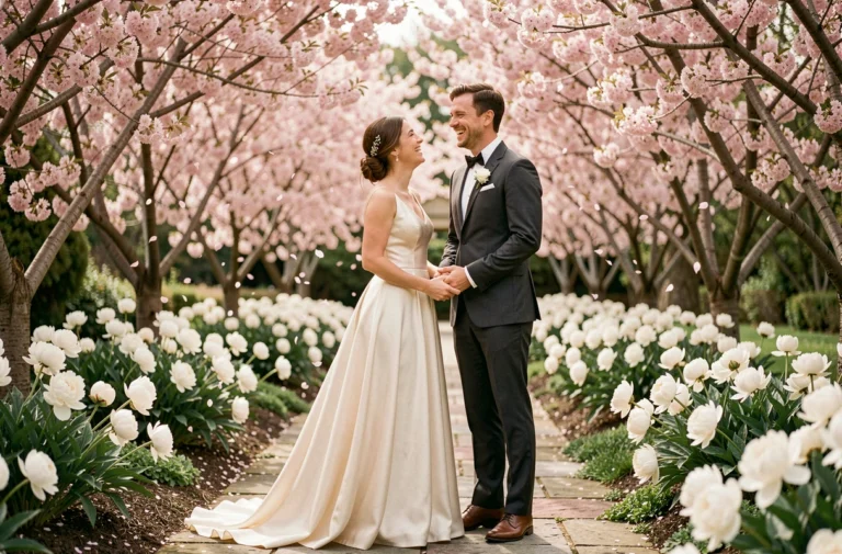 Couple de mariés souriants dans un jardin fleuri au printemps avec des cerisiers en fleurs et des pivoines blanches