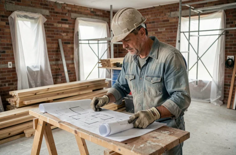 Ouvrier du bâtiment examinant des plans architecturaux sur un chantier de rénovation maison