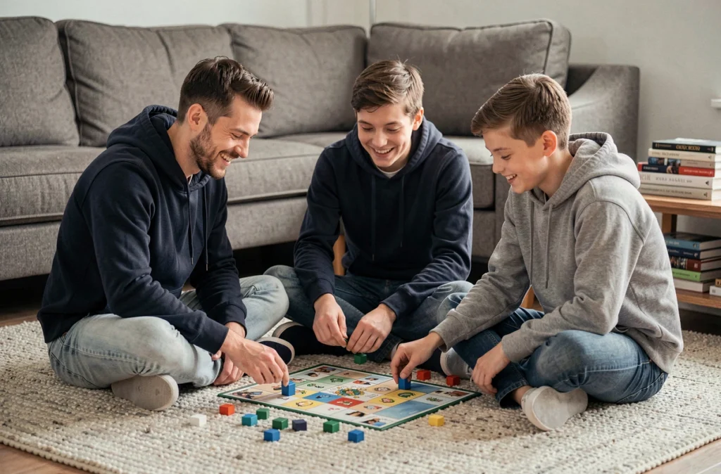 Père et adolescents jouant à un jeu de société ensemble sur le sol du salon, moment de complicité familiale
