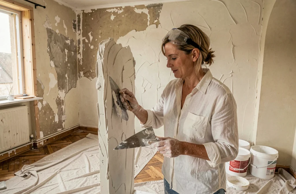 Femme appliquant de l'enduit sur un mur lors de travaux de rénovation intérieure d'une maison