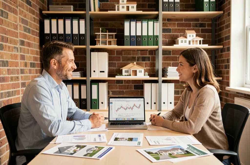 Deux professionnels de l'immobilier analysant des rapports de marché et des brochures de propriété dans un bureau privé
